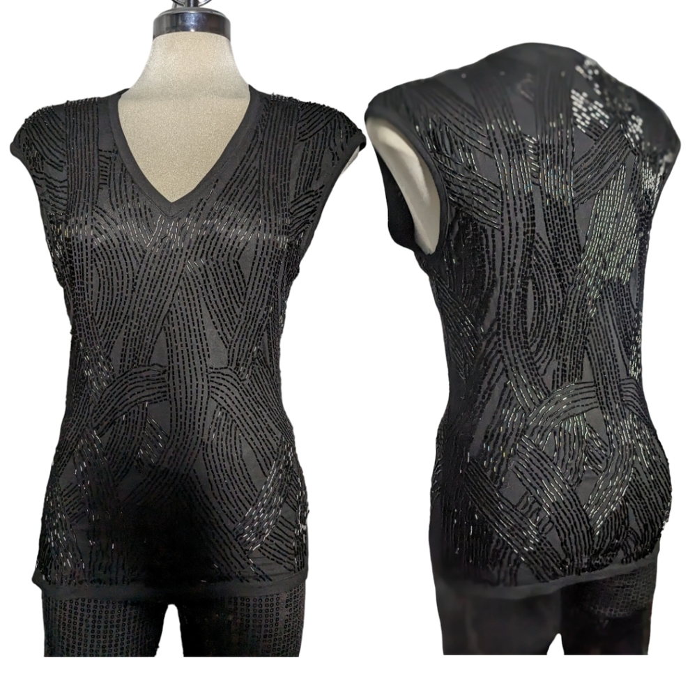 BANDOLERA BLACK Beaded Evening  Blouse Size M.
